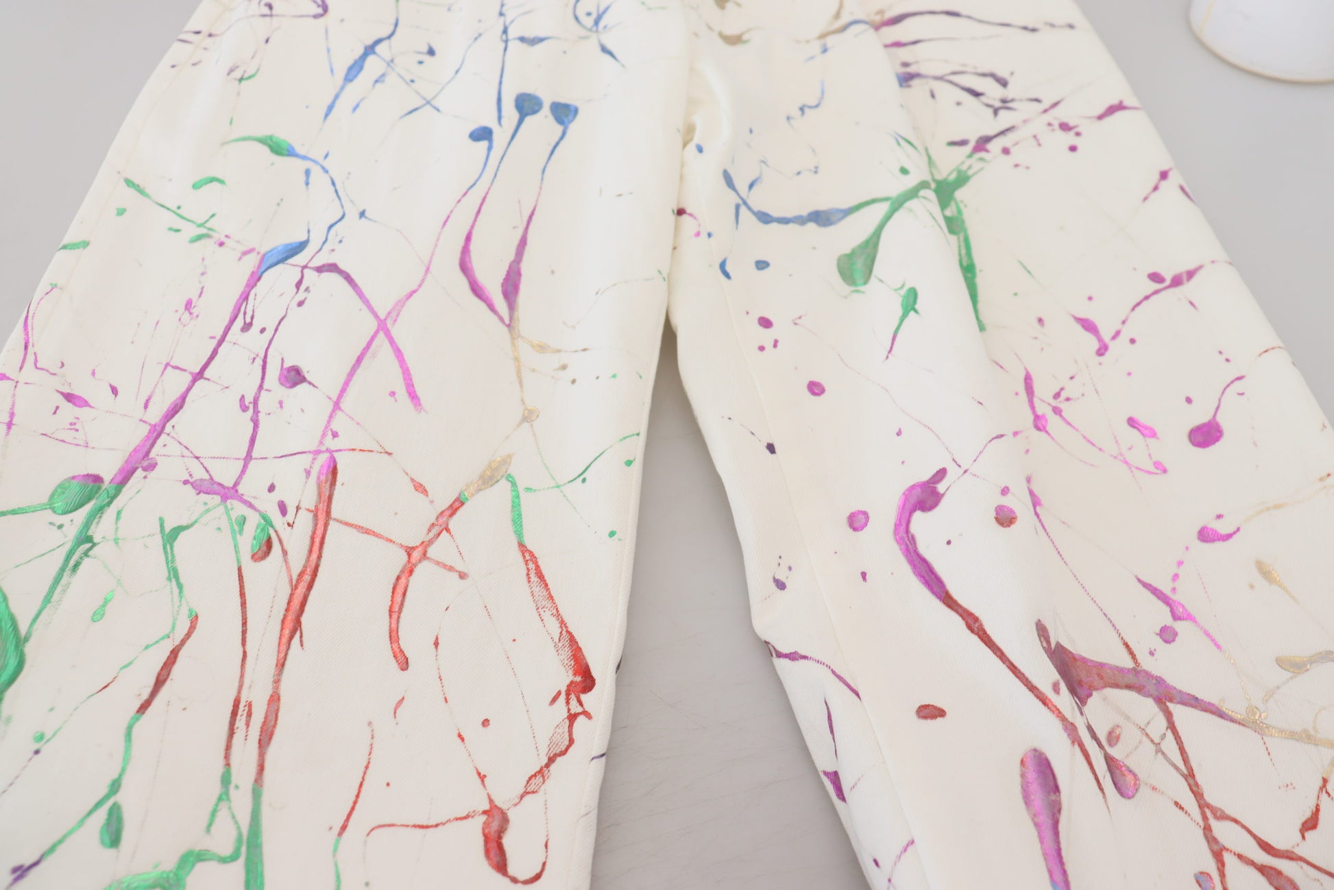 Dolce & Gabbana White Cotton Color Splash Print Denim Pants Dolce & Gabbana