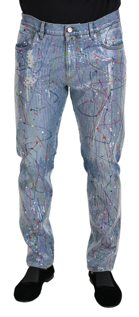 Dolce & Gabbana Blue Cotton Color Splash Print Denim Jeans Dolce & Gabbana