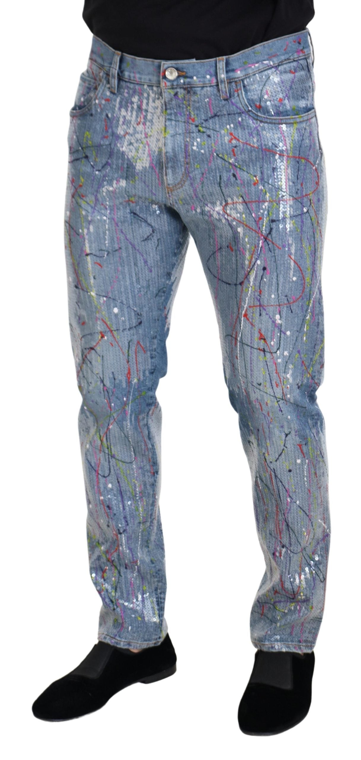 Dolce & Gabbana Blue Cotton Color Splash Print Denim Jeans Dolce & Gabbana