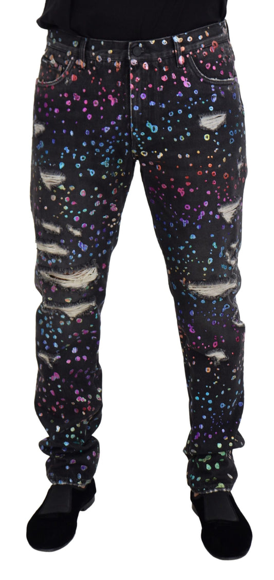 Dolce & Gabbana Black Multicolor Print Tattered Denim Jeans Dolce & Gabbana