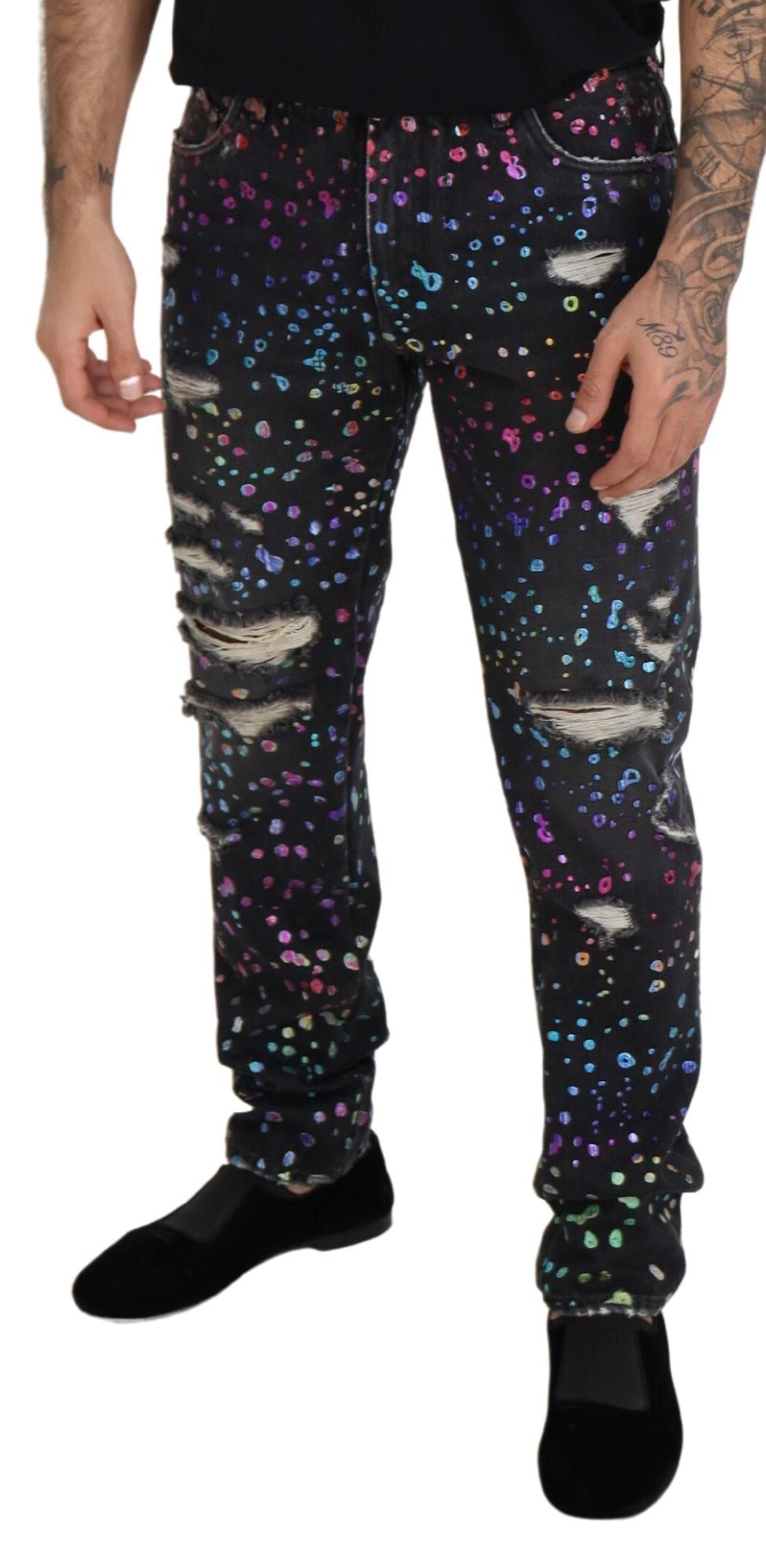 Dolce & Gabbana Black Multicolor Print Tattered Denim Jeans Dolce & Gabbana
