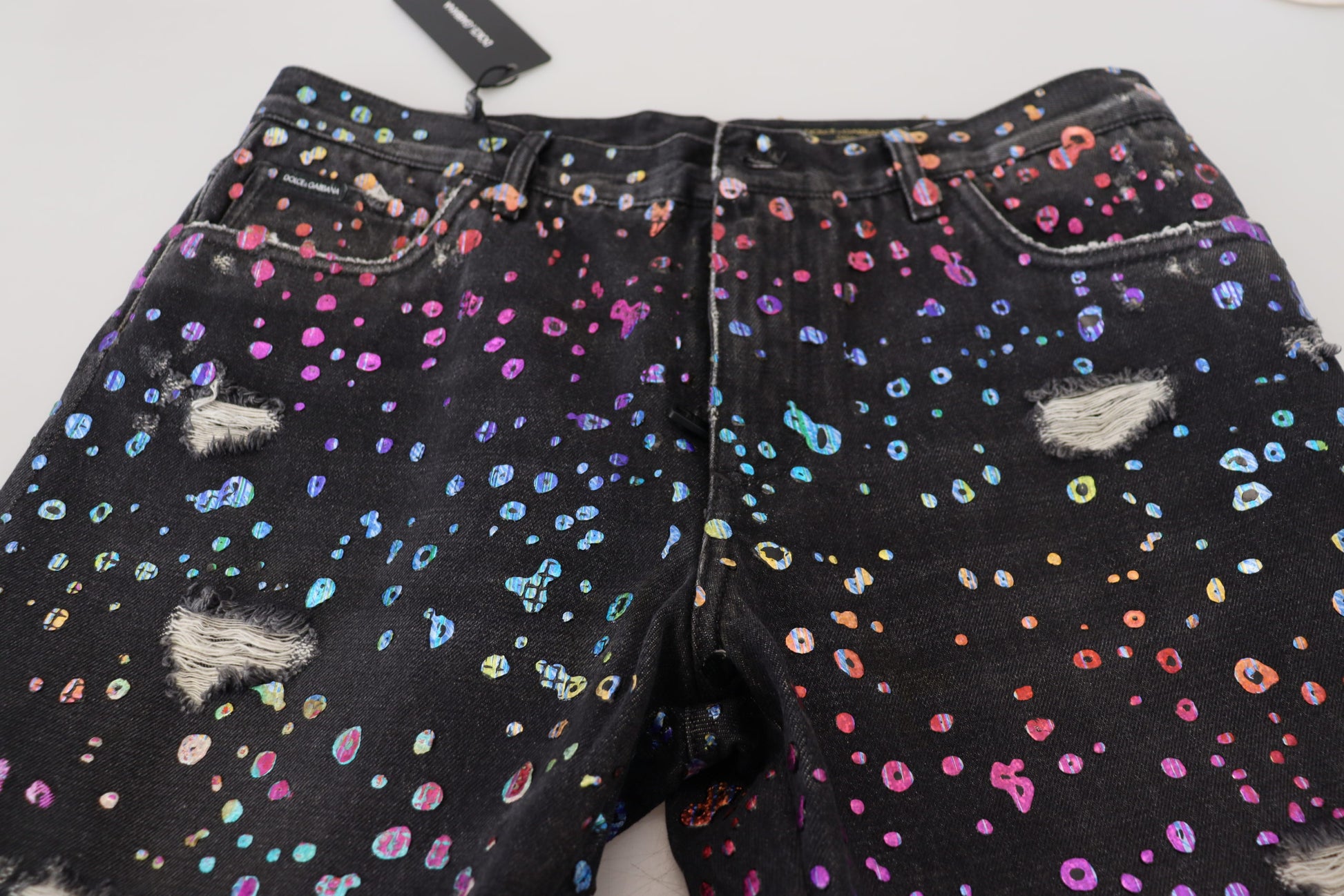 Dolce & Gabbana Black Multicolor Print Tattered Denim Jeans Dolce & Gabbana
