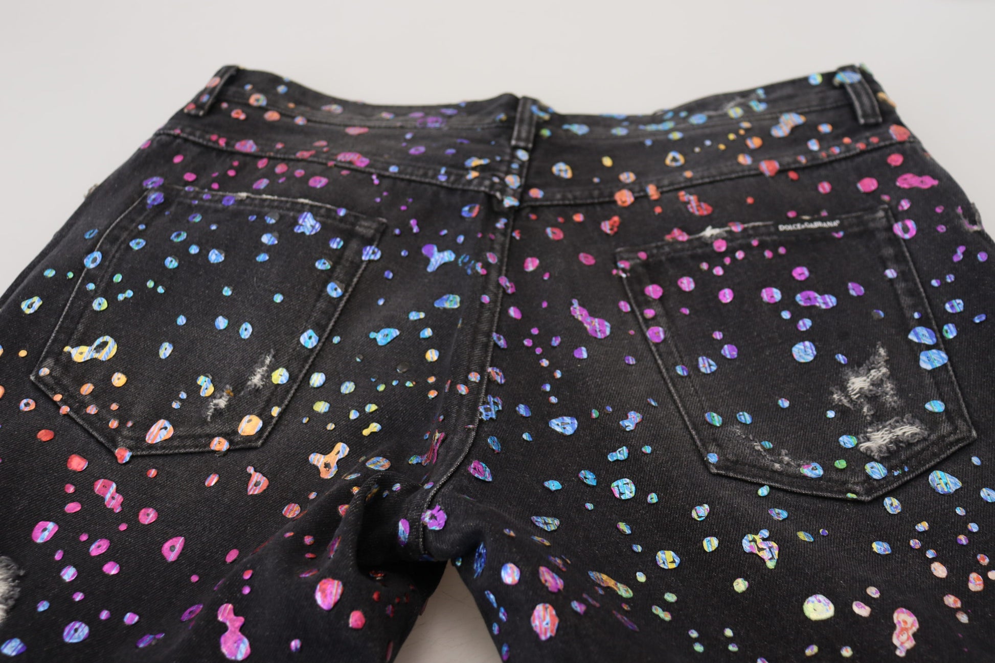 Dolce & Gabbana Black Multicolor Print Tattered Denim Jeans Dolce & Gabbana