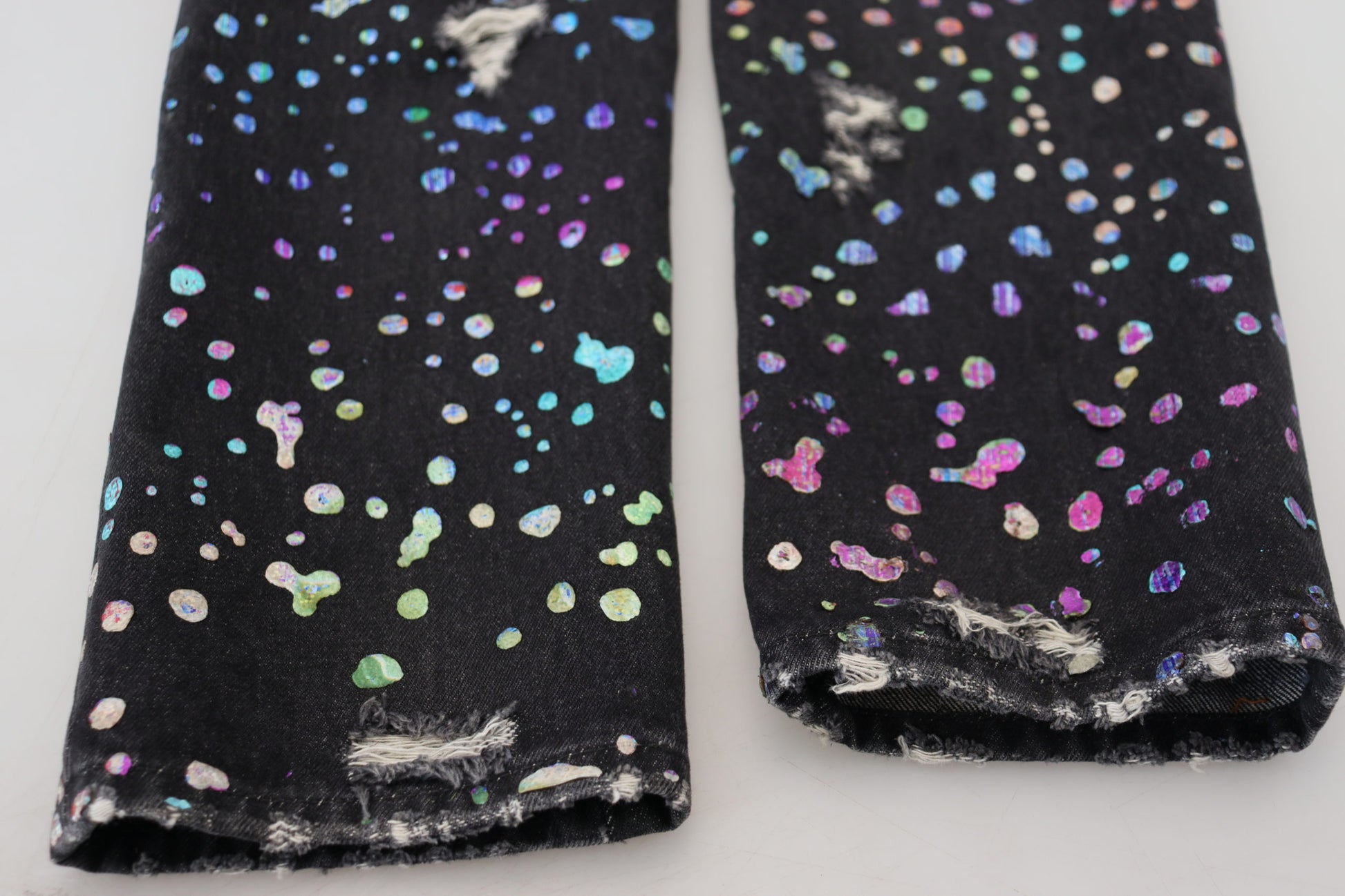 Dolce & Gabbana Black Multicolor Print Tattered Denim Jeans Dolce & Gabbana