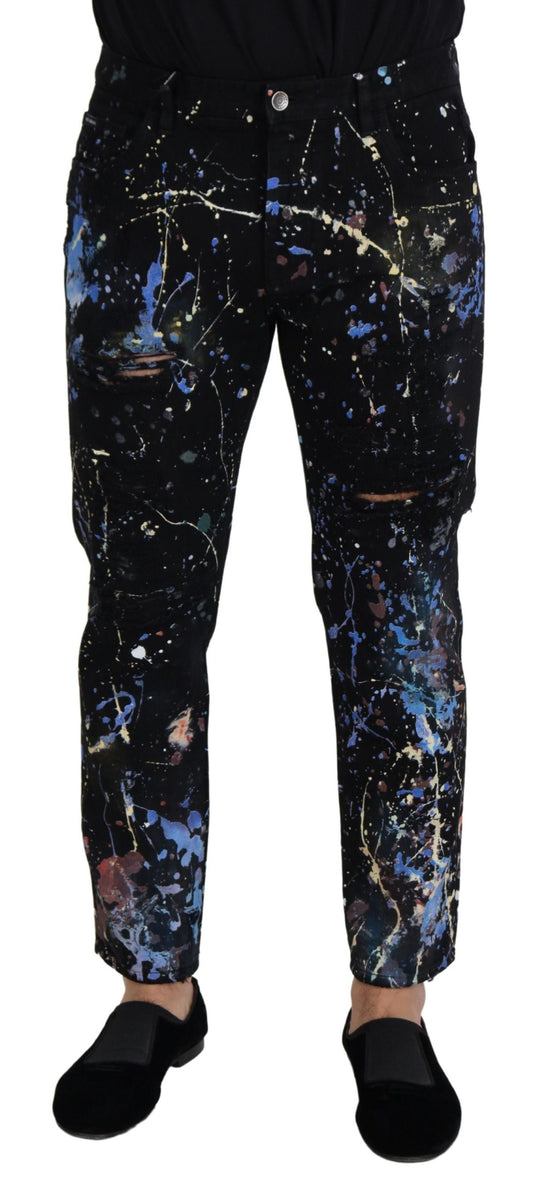 Dolce & Gabbana Black Cotton Color Splash Print Denim Jeans Dolce & Gabbana