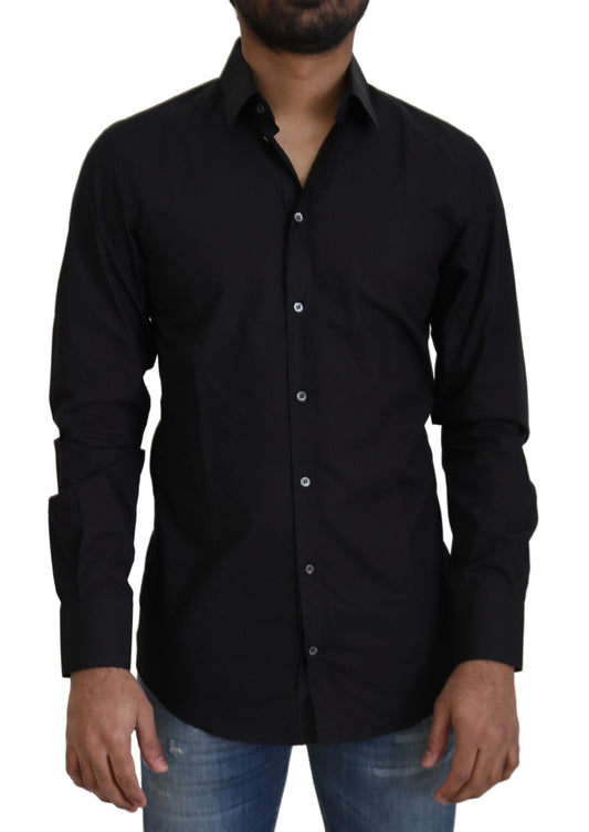Dolce & Gabbana Black Cotton Slim Fit Formal Dress GOLD Shirt Dolce & Gabbana