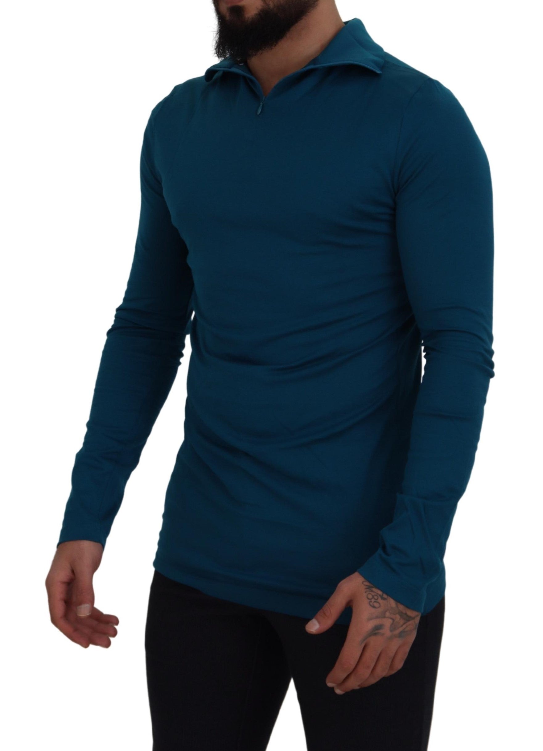Dolce & Gabbana Blue Cotton Collared Slim Pullover Sweater Dolce & Gabbana