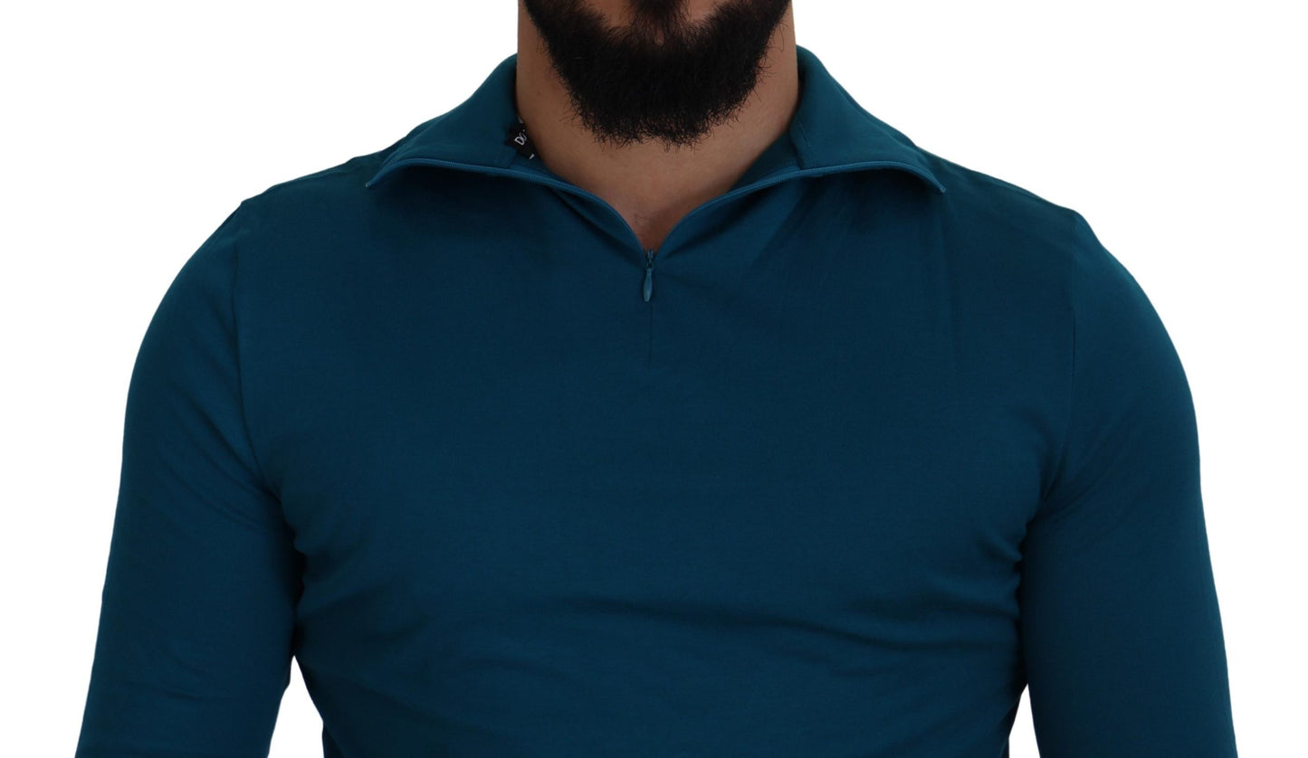 Dolce & Gabbana Blue Cotton Collared Slim Pullover Sweater Dolce & Gabbana