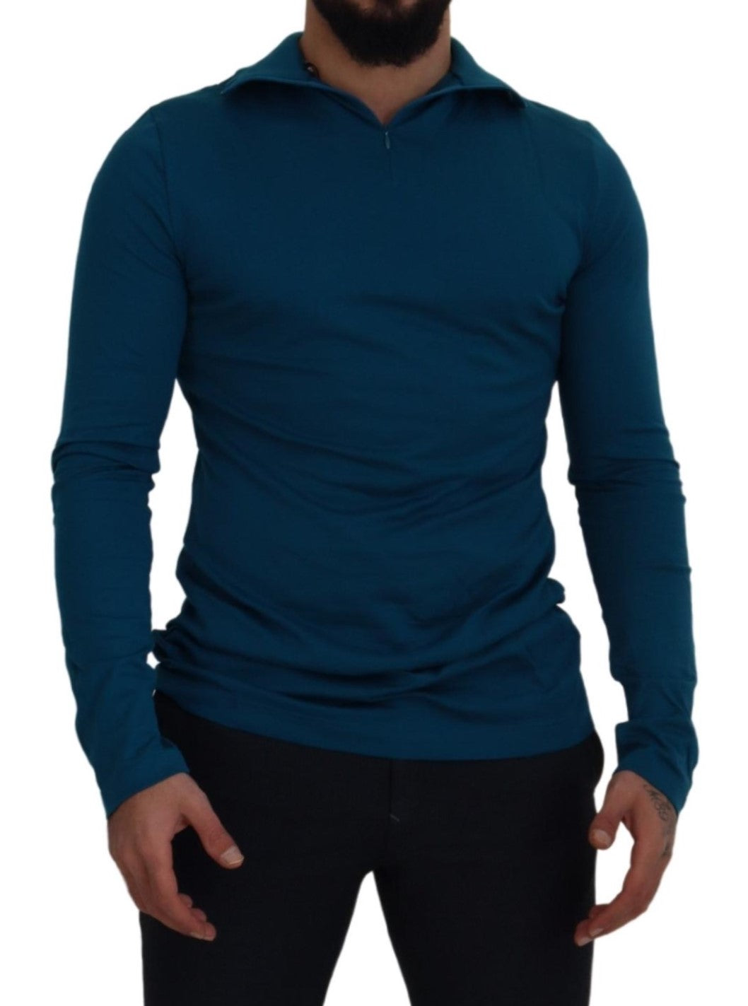 Dolce & Gabbana Blue Cotton Collared Slim Pullover Sweater Dolce & Gabbana