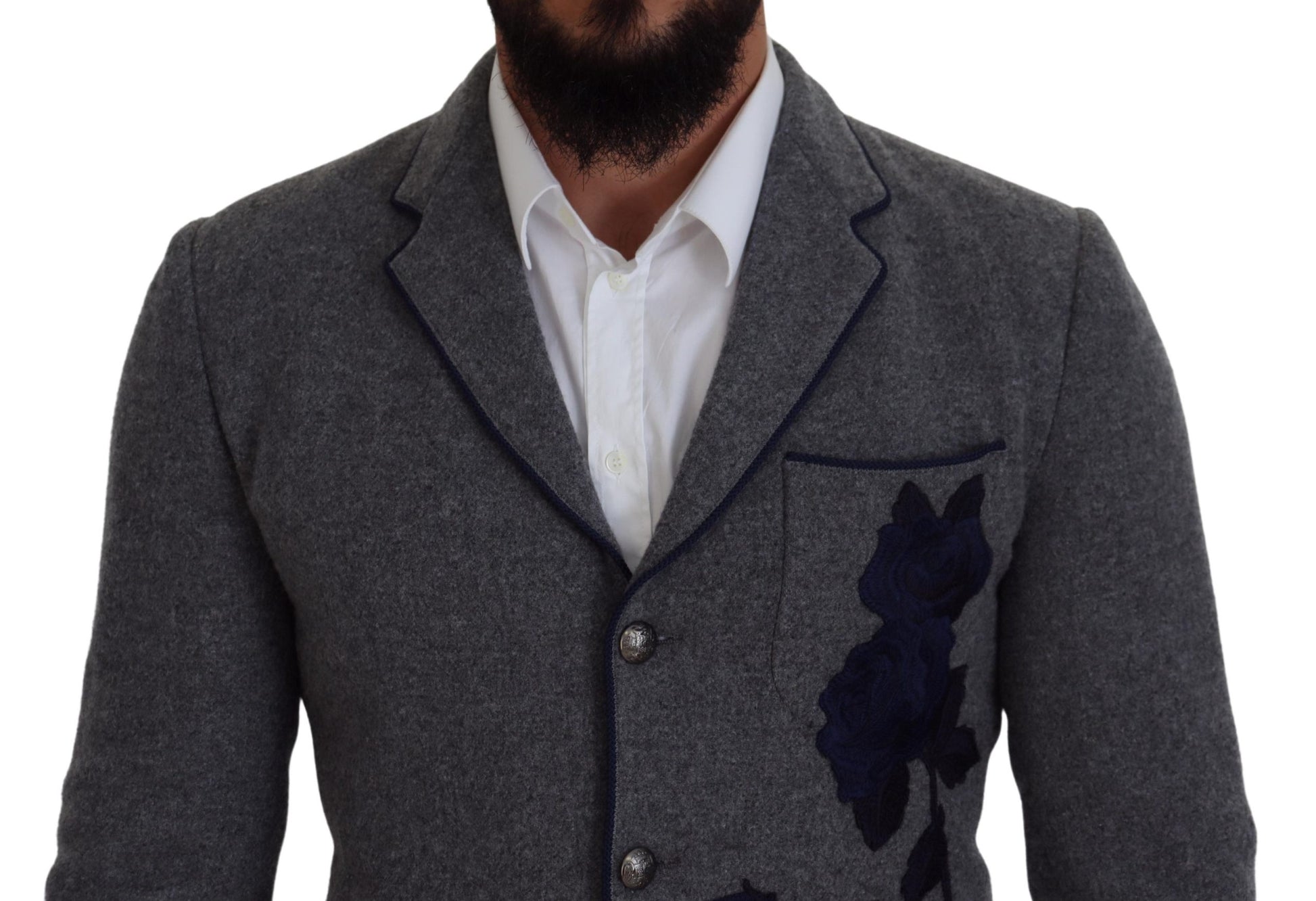 Dolce & Gabbana Gray Wool Roses Slim Fit Jacket Blazer Dolce & Gabbana