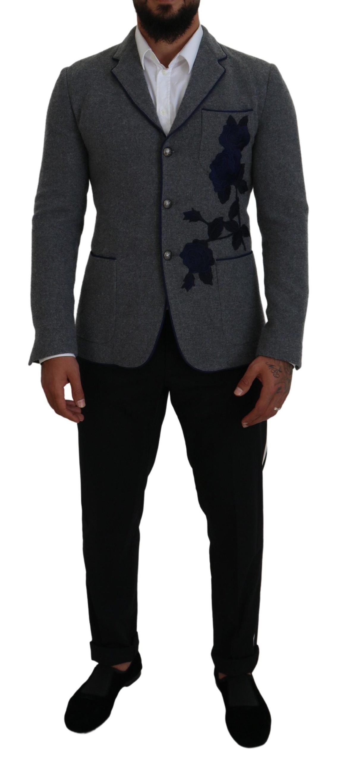 Dolce & Gabbana Gray Wool Roses Slim Fit Jacket Blazer Dolce & Gabbana