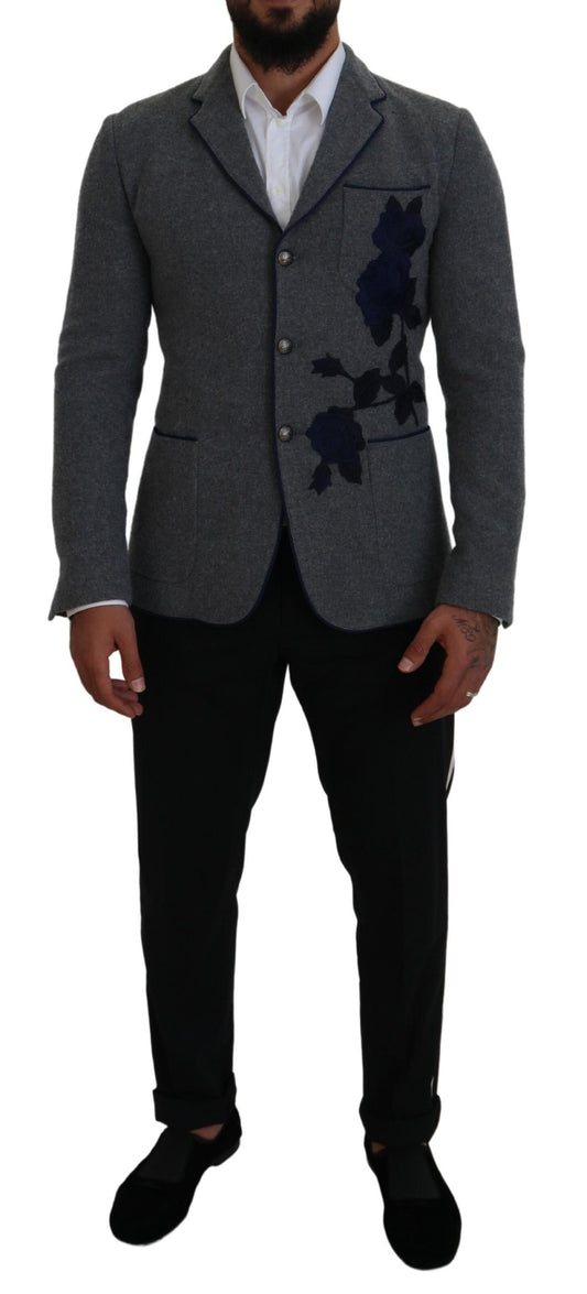Dolce & Gabbana Gray Wool Roses Slim Fit Jacket Blazer Dolce & Gabbana