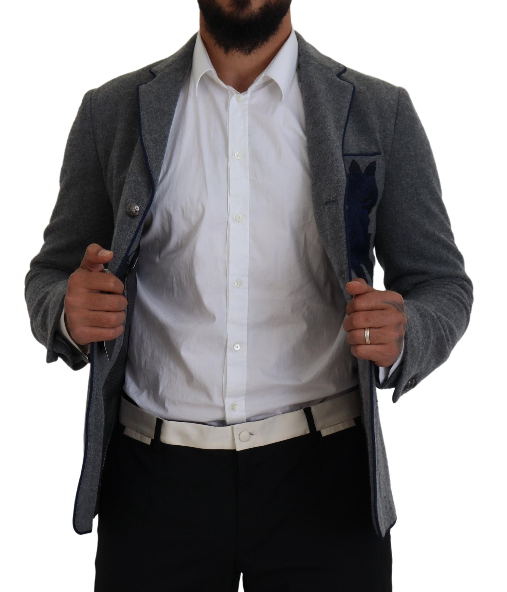 Dolce & Gabbana Gray Wool Roses Slim Fit Jacket Blazer Dolce & Gabbana