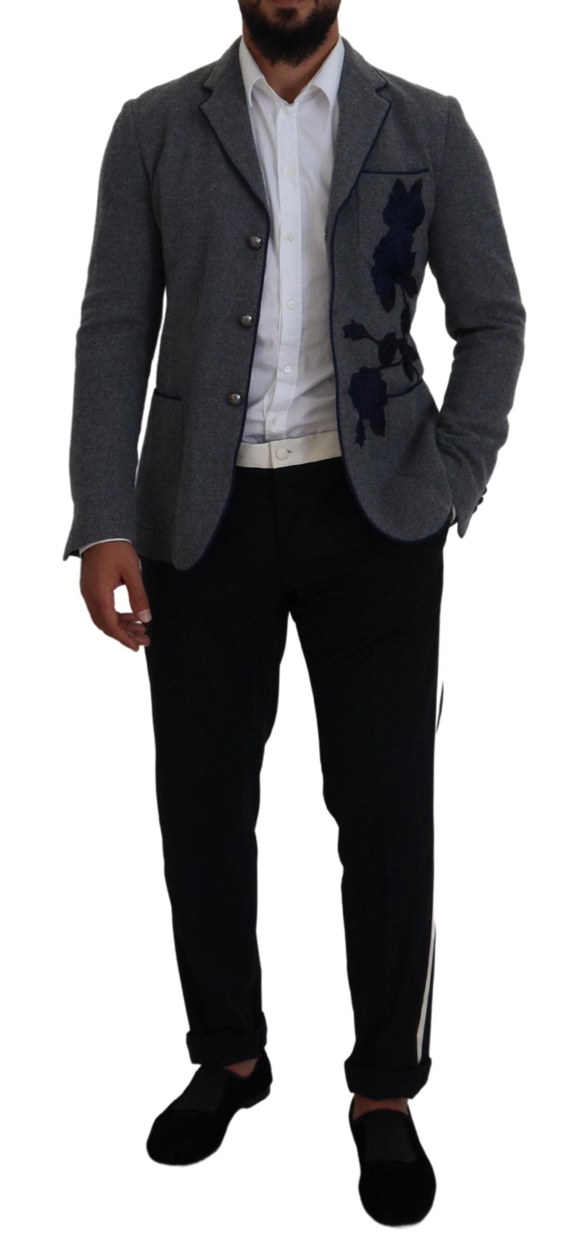 Dolce & Gabbana Gray Wool Roses Slim Fit Jacket Blazer Dolce & Gabbana