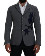Dolce & Gabbana Gray Wool Roses Slim Fit Jacket Blazer