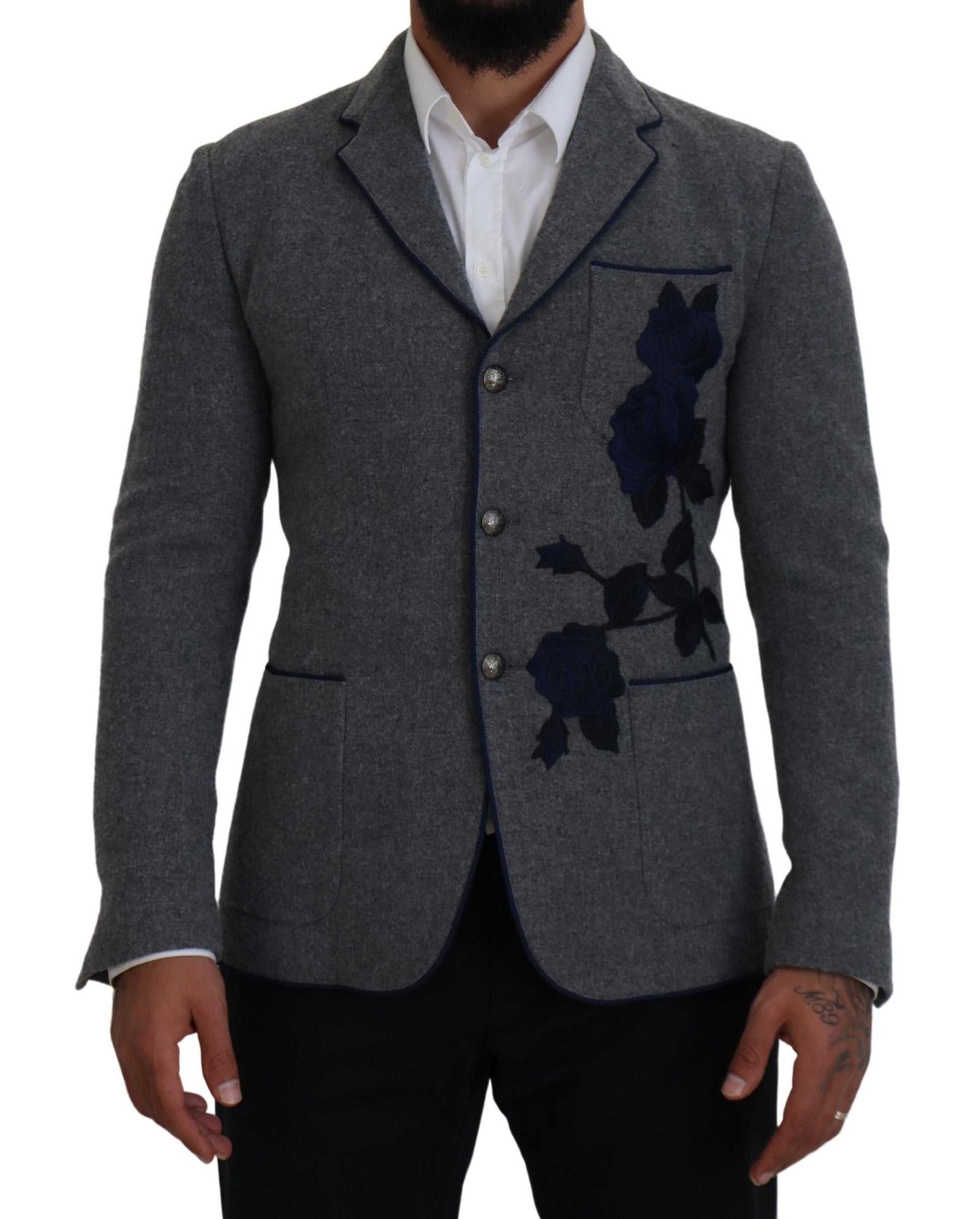 Dolce & Gabbana Gray Wool Roses Slim Fit Jacket Blazer Dolce & Gabbana