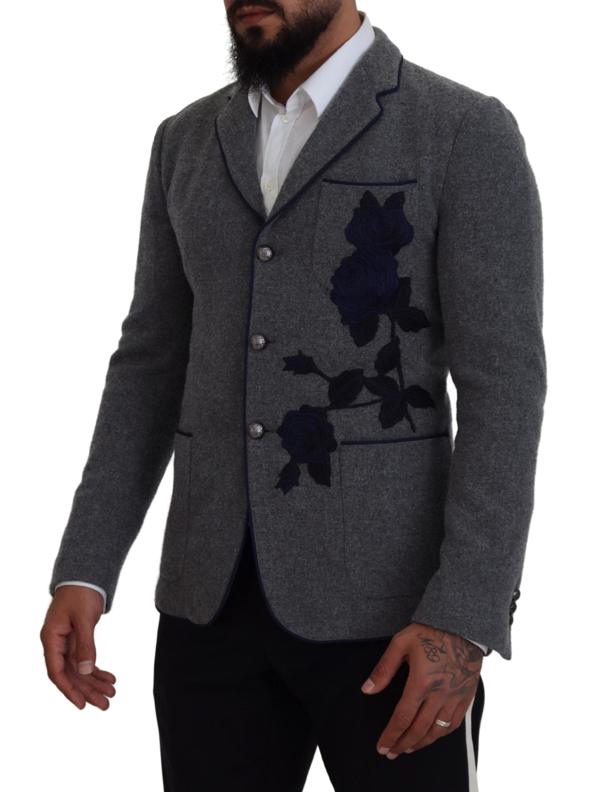 Dolce & Gabbana Gray Wool Roses Slim Fit Jacket Blazer Dolce & Gabbana