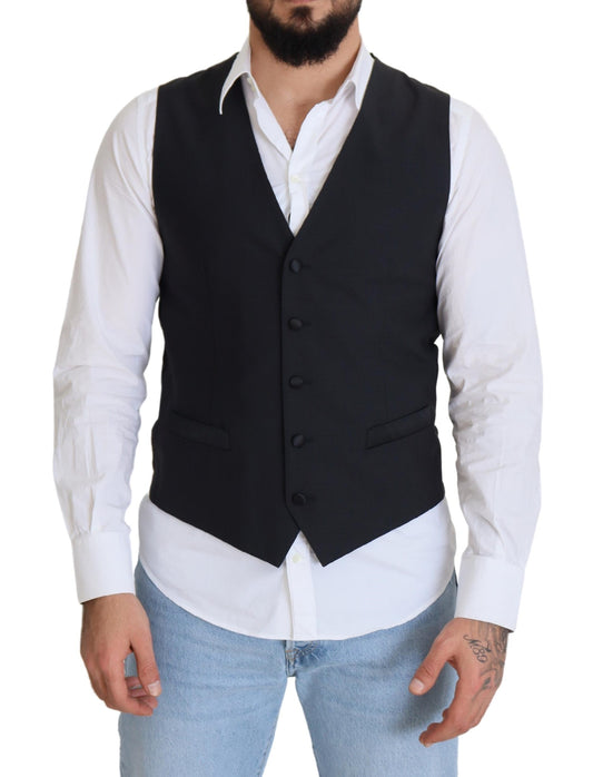 Dolce & Gabbana Black Wool Stretch Waistcoat Formal Vest Dolce & Gabbana