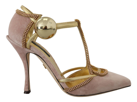 Dolce & Gabbana Pink Crystal T-strap Heels Pumps Shoes Dolce & Gabbana