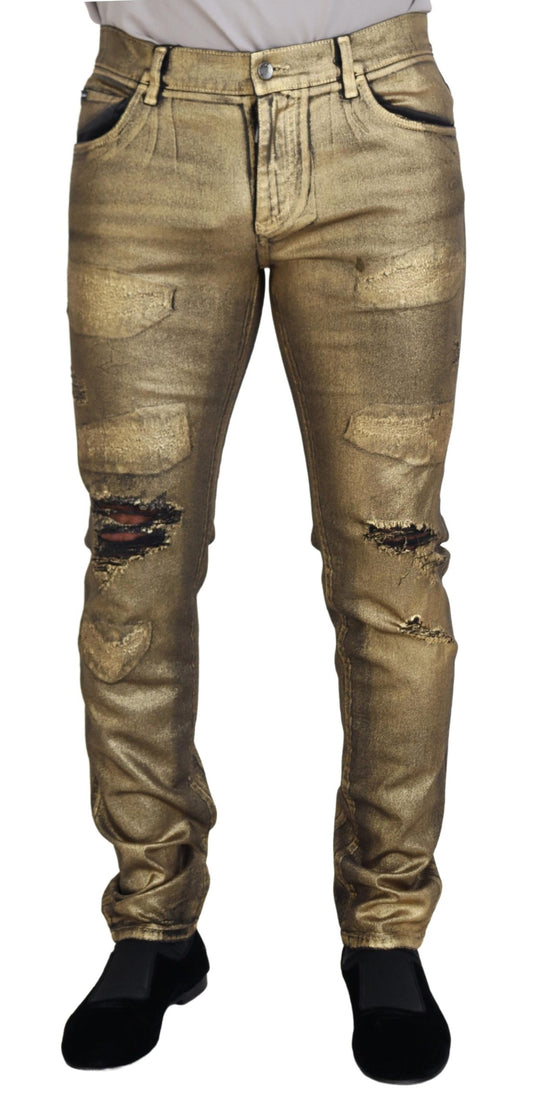 Dolce & Gabbana Gold Cotton Tattered Skinny Men Denim Jeans Dolce & Gabbana