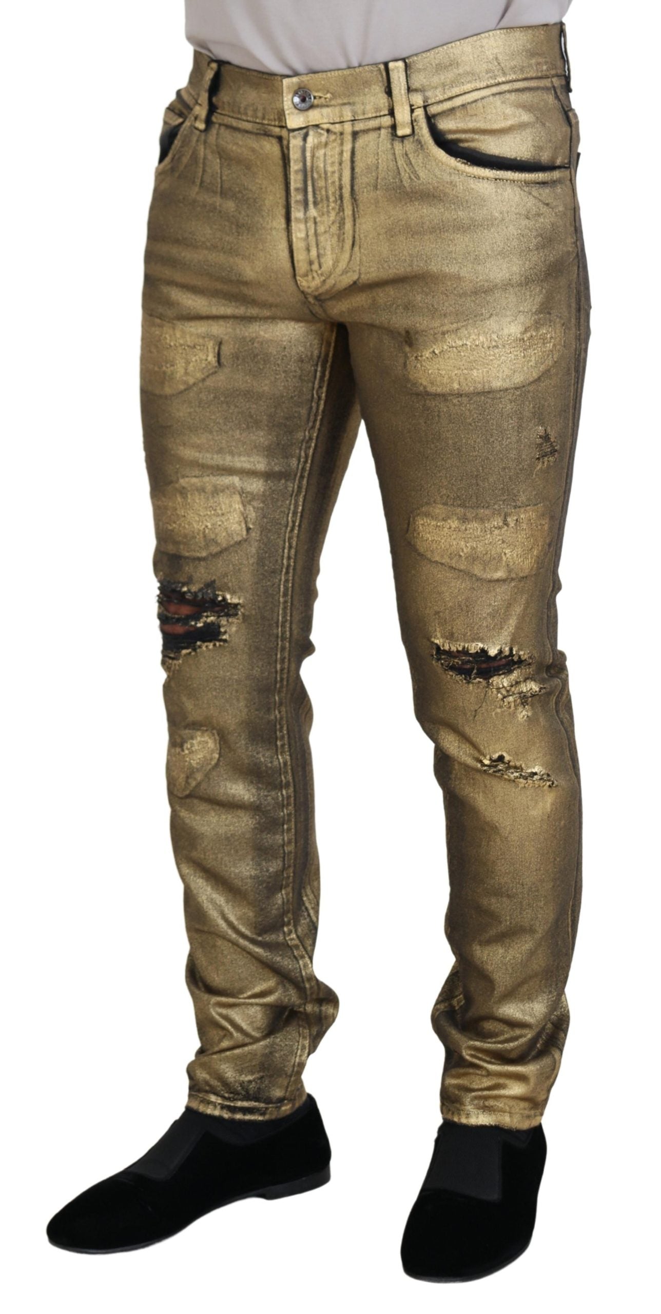 Dolce & Gabbana Gold Cotton Tattered Skinny Men Denim Jeans Dolce & Gabbana