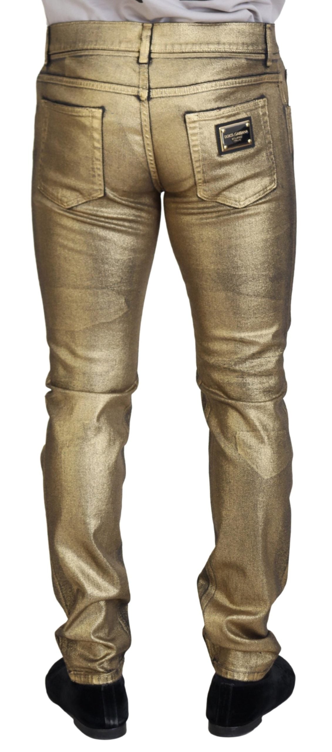 Dolce & Gabbana Gold Cotton Tattered Skinny Men Denim Jeans Dolce & Gabbana