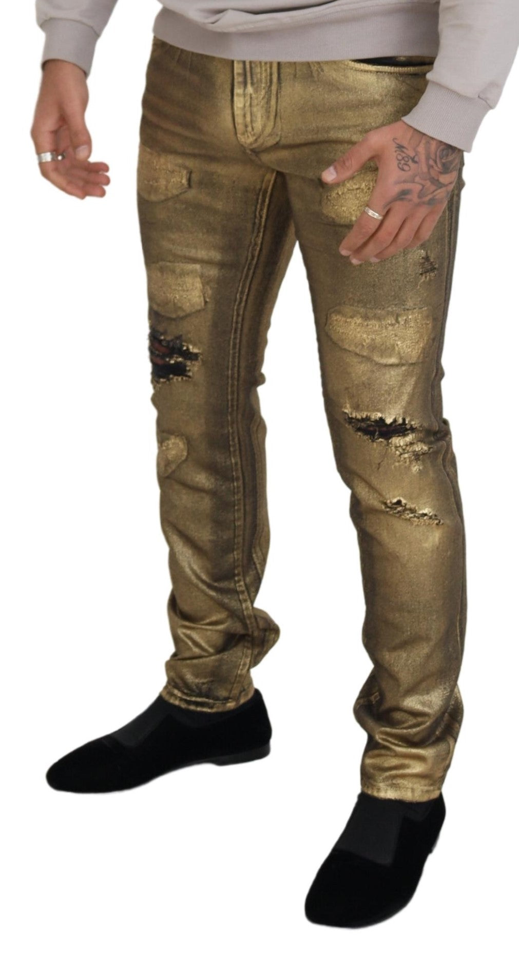 Dolce & Gabbana Gold Cotton Tattered Skinny Men Denim Jeans Dolce & Gabbana