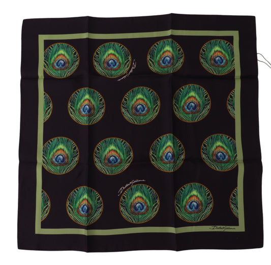Dolce & Gabbana Black Peacock Feather DG Printed Square Handkerchief Scarf Dolce & Gabbana