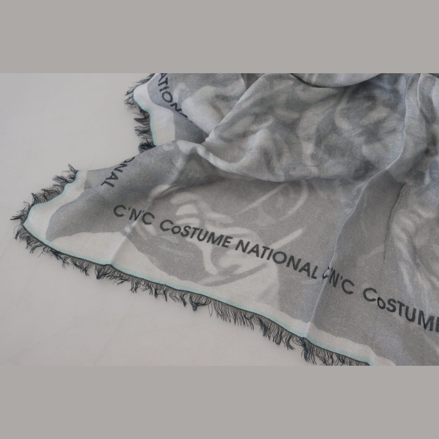 Costume National Gray Print Shawl Foulard Fringes Scarf Costume National
