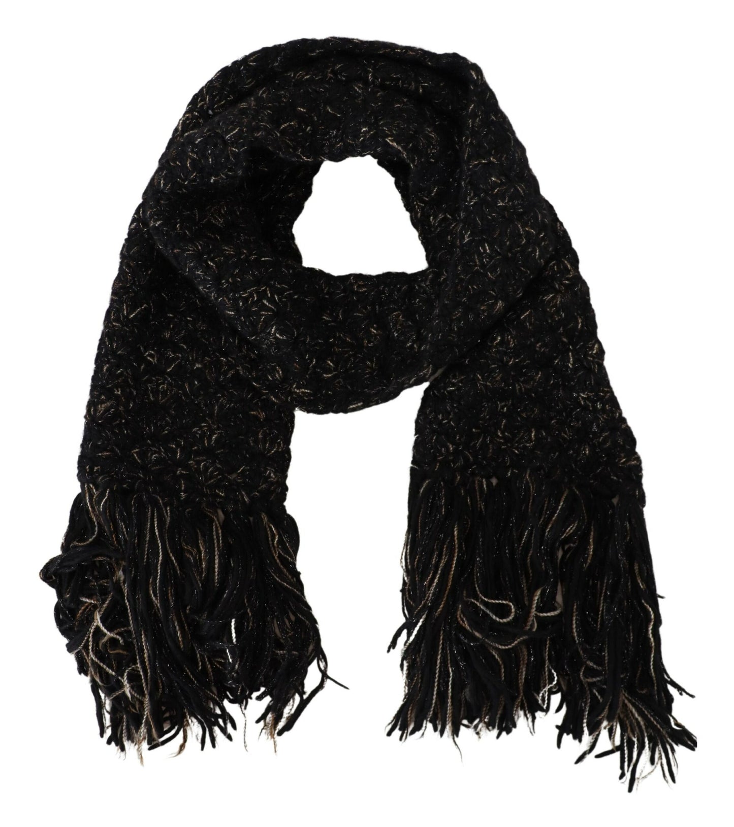 Dolce & Gabbana Black Wool Knitted Wrap Foulard Fringe Scarf Dolce & Gabbana
