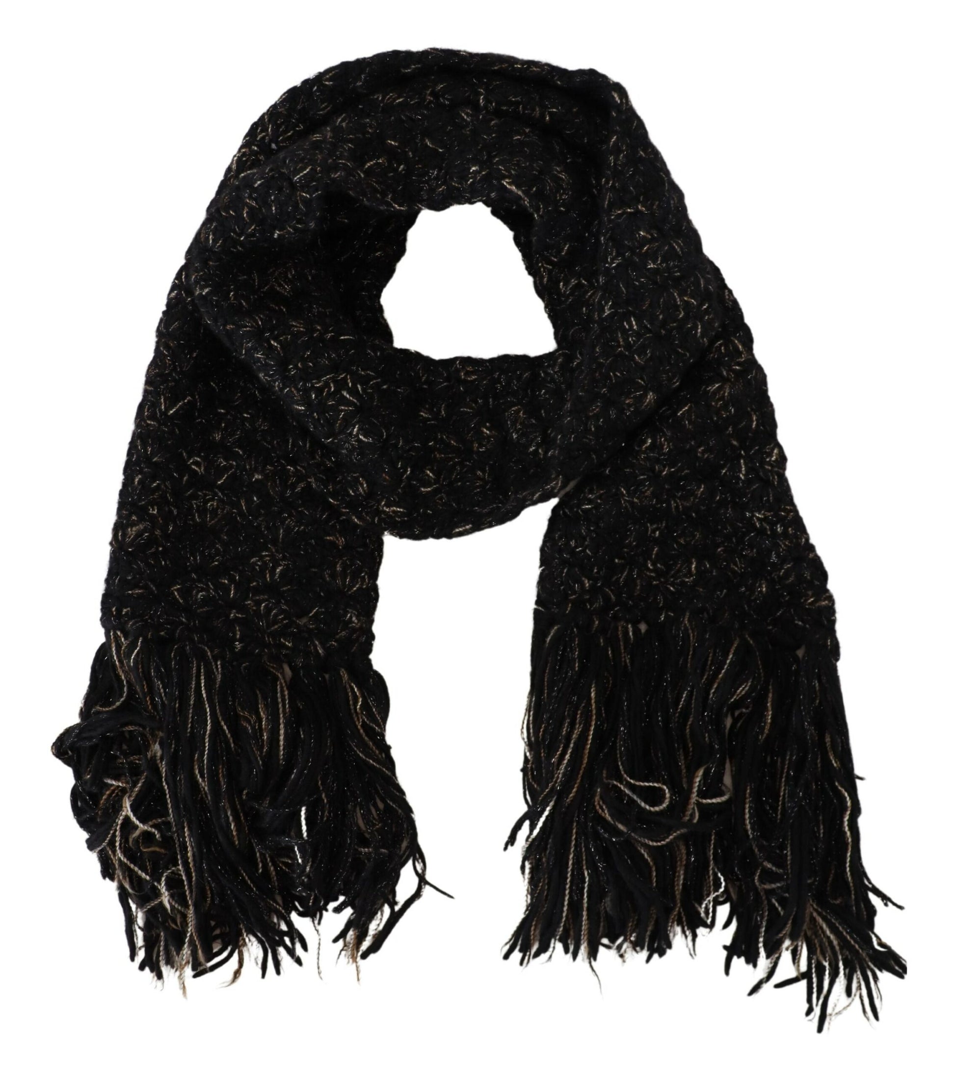 Dolce & Gabbana Black Wool Knitted Wrap Foulard Fringe Scarf Dolce & Gabbana