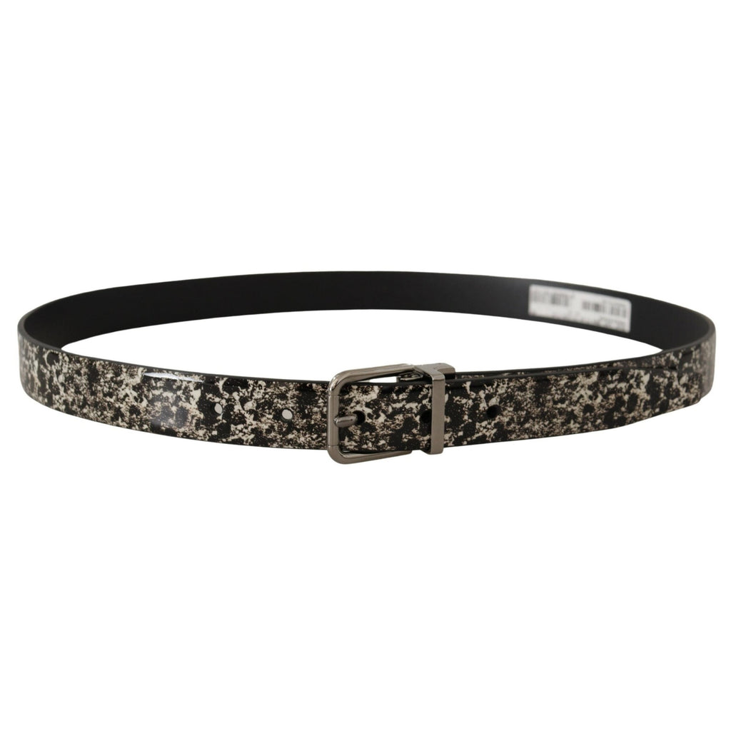 Dolce & Gabbana Black Marble Print Leather Silver Logo Buckle Belt