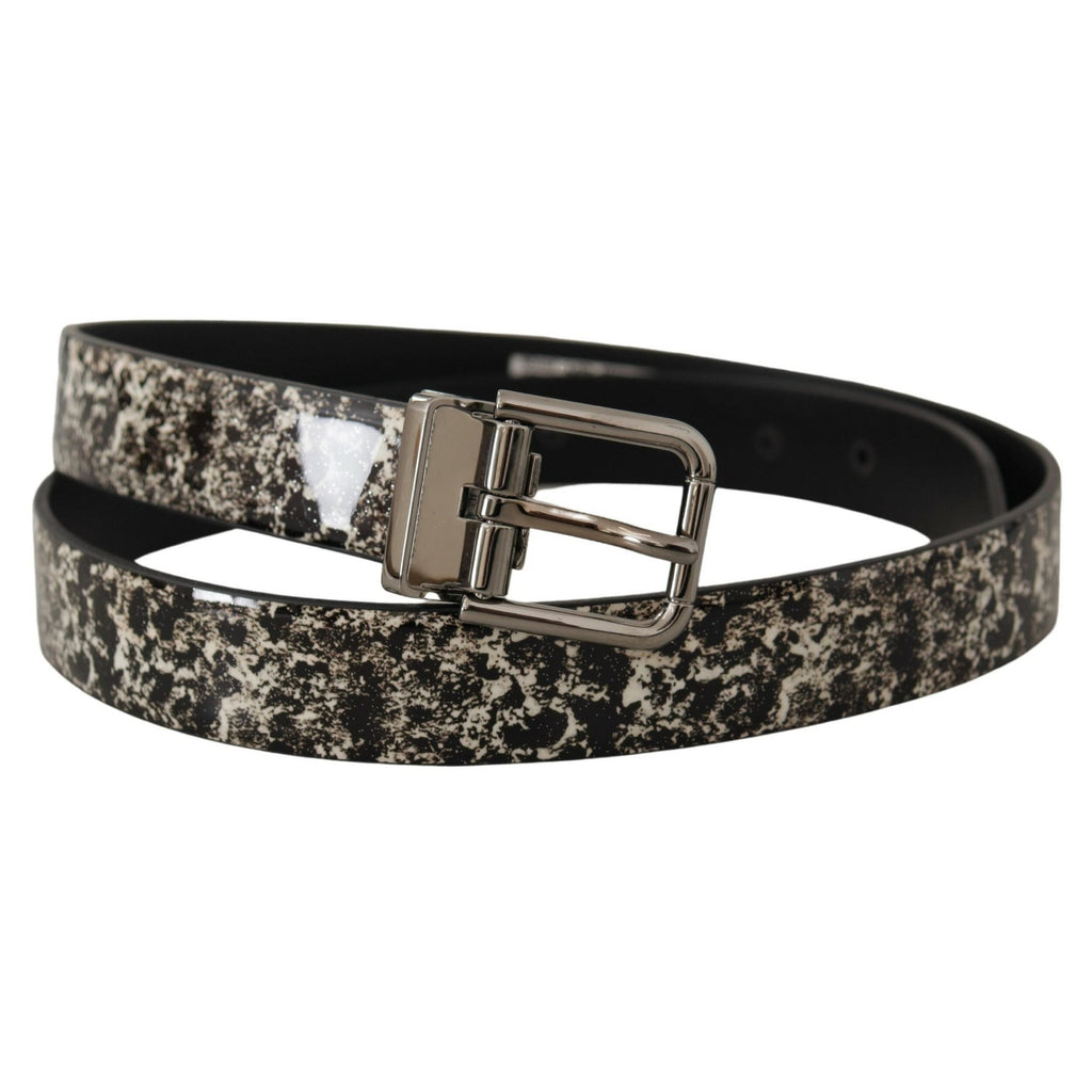 Dolce & Gabbana Black Marble Print Leather Silver Logo Buckle Belt