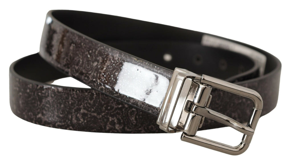 Dolce & Gabbana black Goccia glitter patent leather belt with buckle, featuring a shiny, textured design and elegant finish.