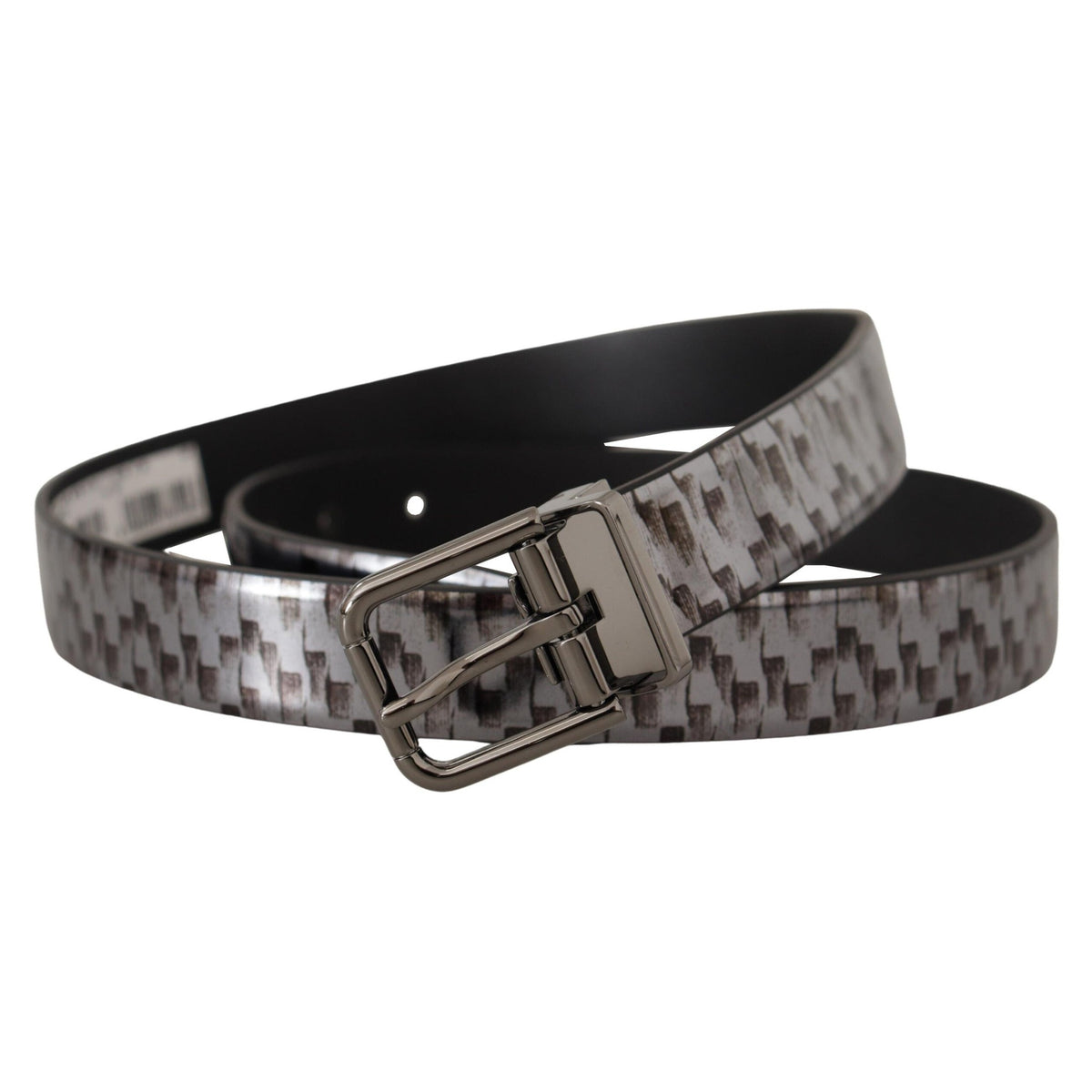 Dolce & Gabbana Gray Herringbone Leather Gray 3D Metal Buckle Belt