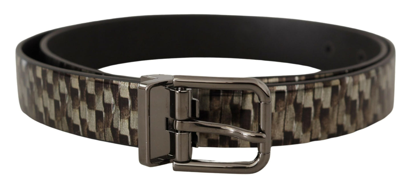 Dolce & Gabbana Brown Herringbone Leather Gray Belt Dolce & Gabbana