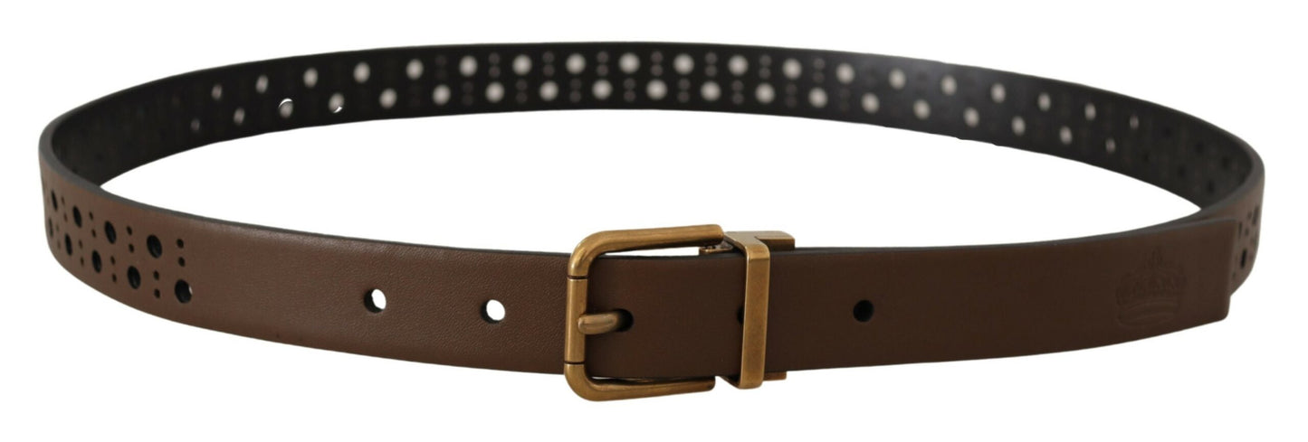 Dolce & Gabbana Brown Leather Perforated Crown Belt Dolce & Gabbana