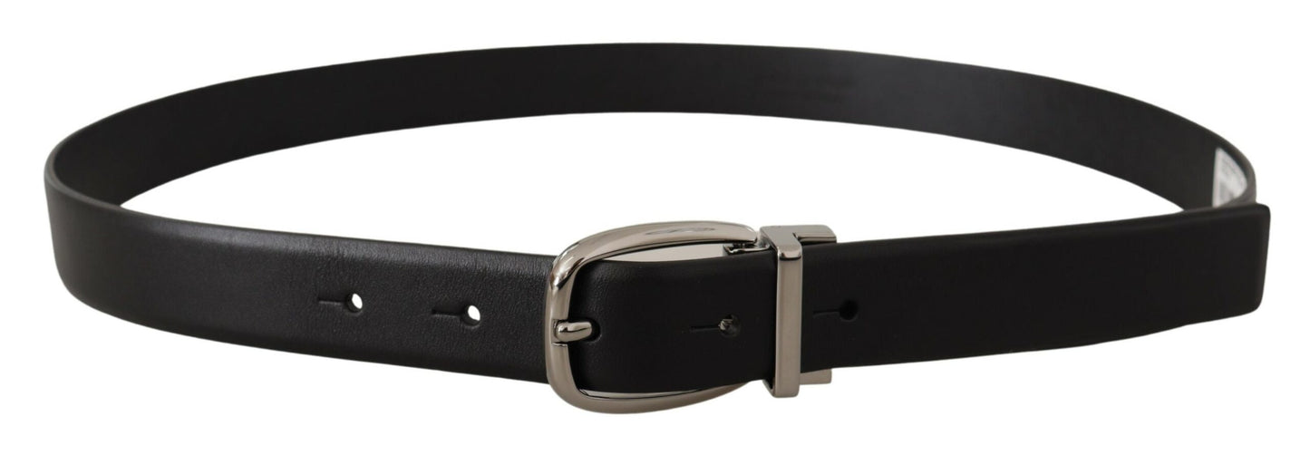 Dolce & Gabbana Black Leather Silver Metal Chrome Logo Buckle Belt