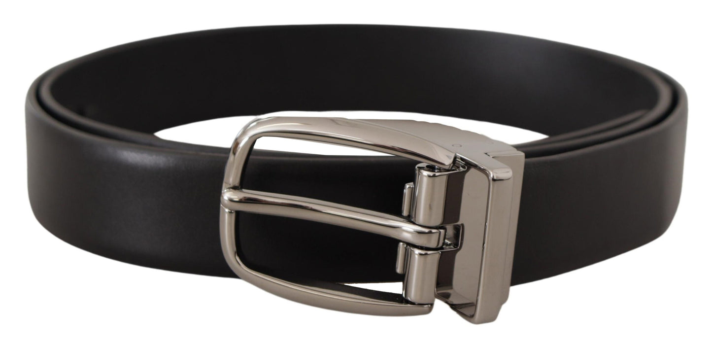 Dolce & Gabbana Black Leather Silver Metal Chrome Logo Buckle Belt