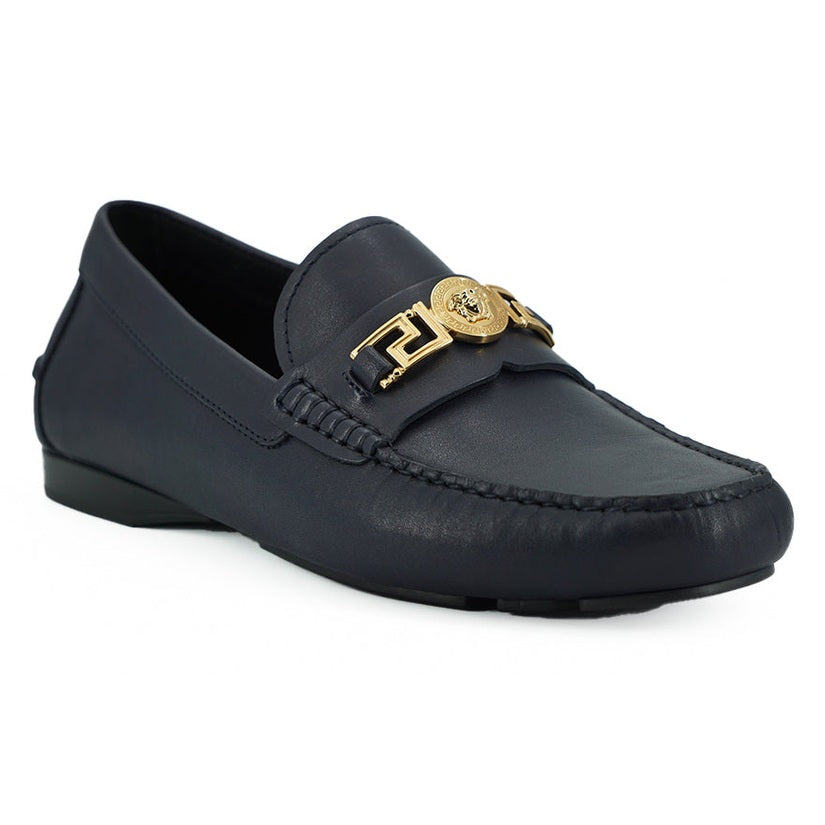 Versace Elegant Navy Blue Calf Leather Loafers Versace
