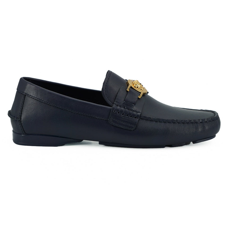 Versace Elegant Navy Blue Calf Leather Loafers Versace