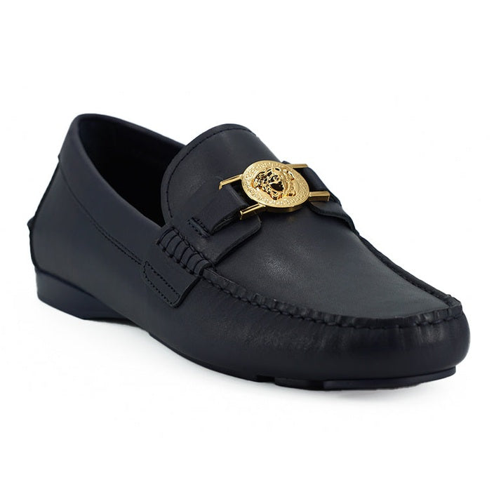 Versace Elegant Navy Blue Calf Leather Loafers Versace