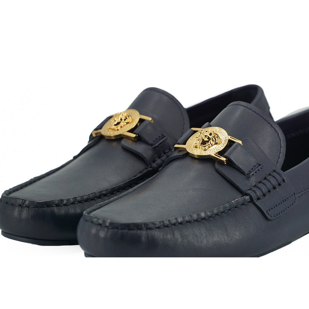 Versace Elegant Navy Blue Calf Leather Loafers Versace