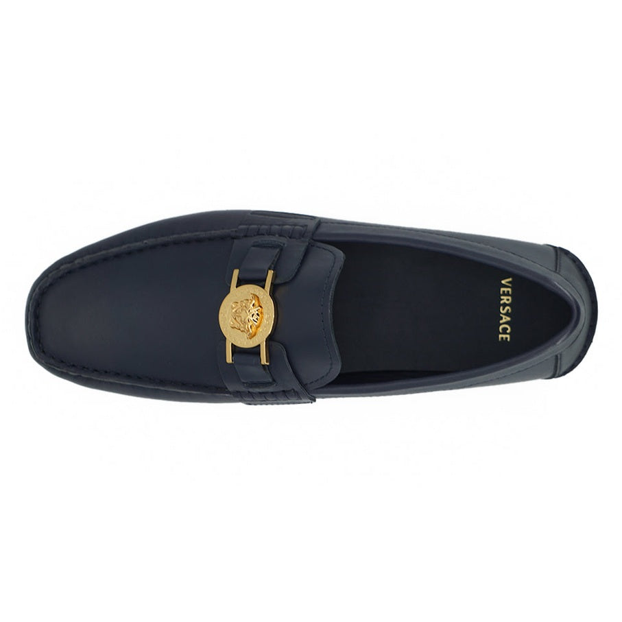 Versace Elegant Navy Blue Calf Leather Loafers Versace