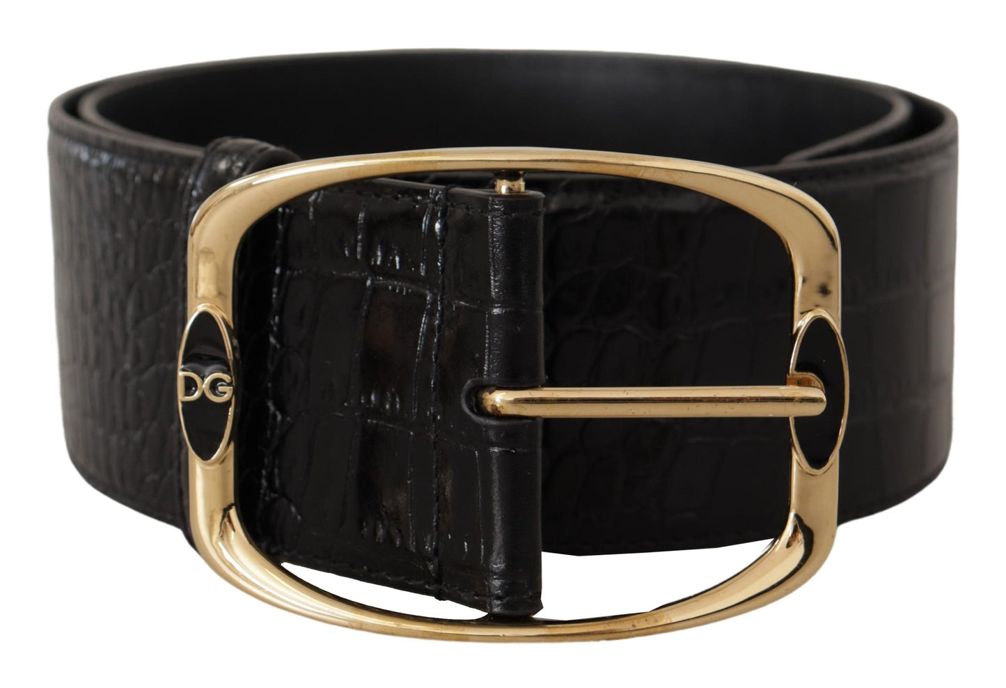 Dolce & Gabbana Black Crocodile Print Gold Metal DG Logo Buckle Belt Dolce & Gabbana