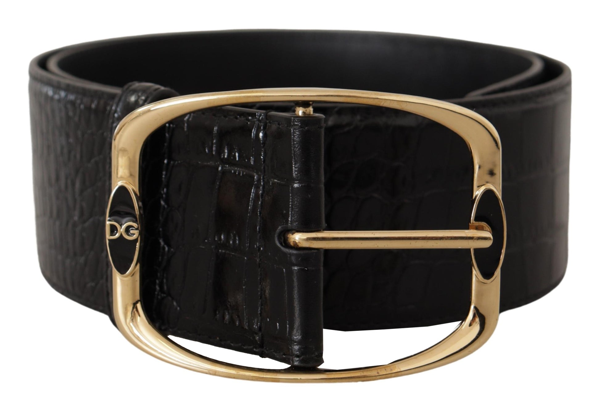 Dolce & Gabbana Black Crocodile Print Gold Metal DG Logo Buckle Belt Dolce & Gabbana