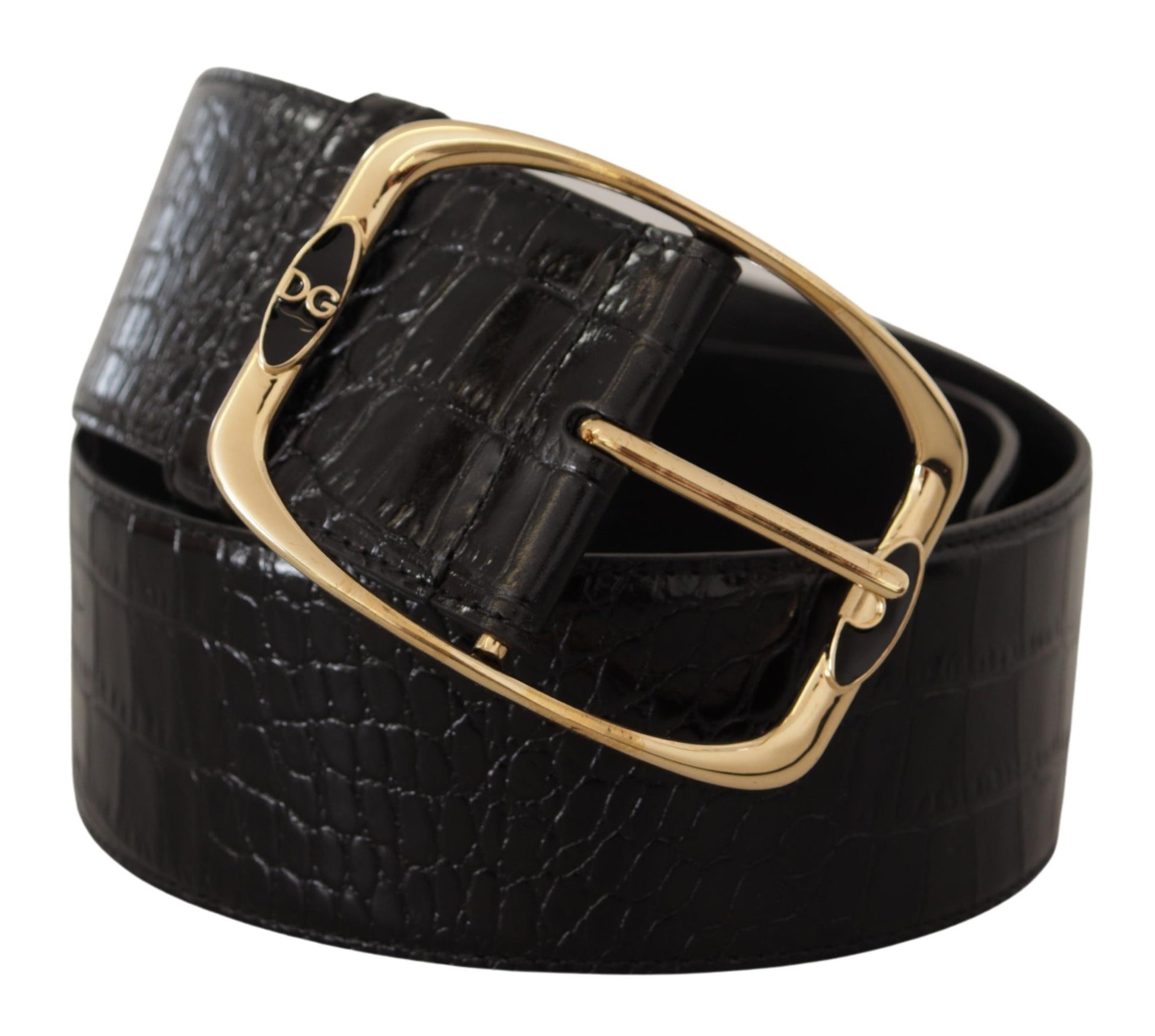 Dolce & Gabbana Black Crocodile Print Gold Metal DG Logo Buckle Belt Dolce & Gabbana