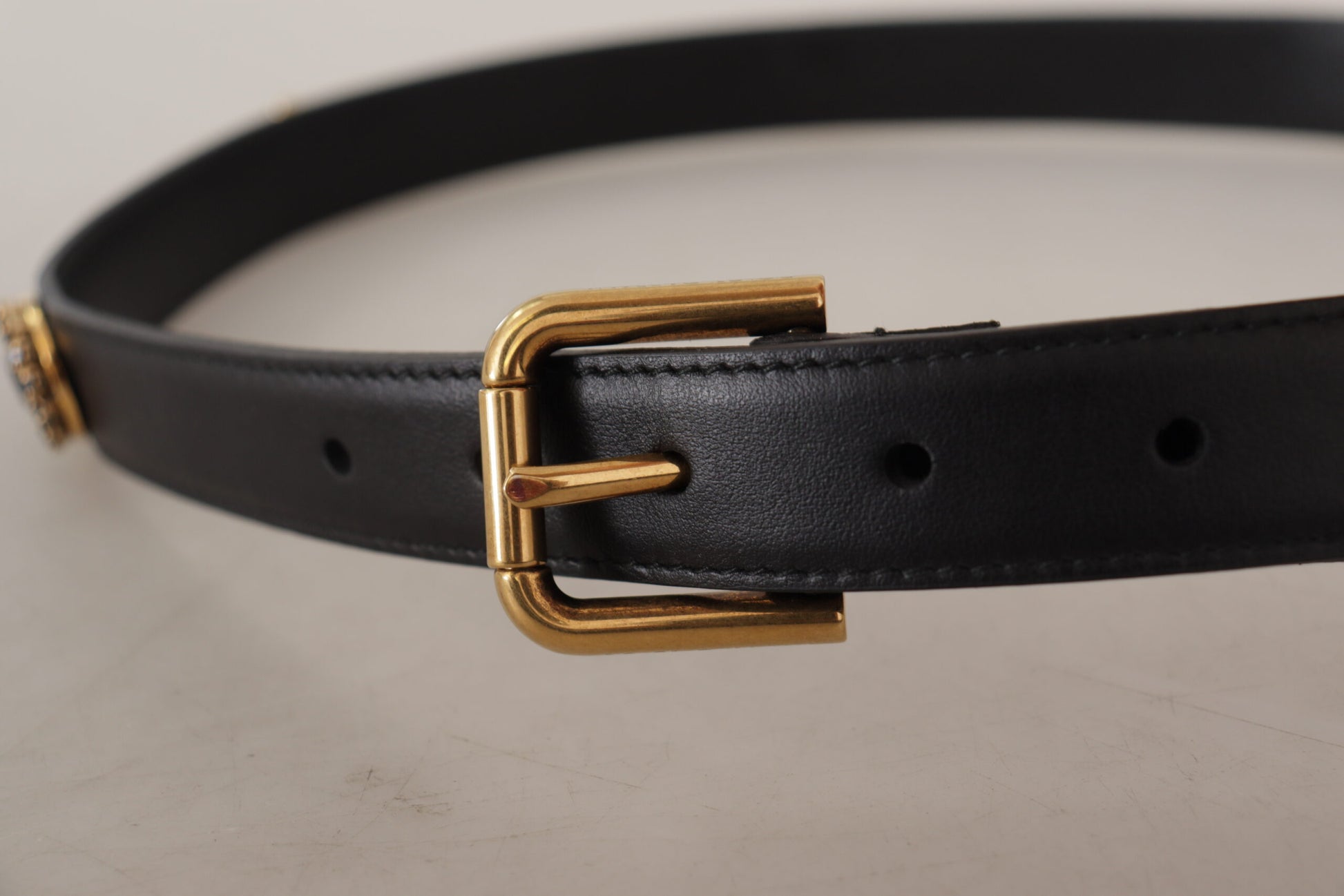 Dolce & Gabbana Black Leather Embellished Crystal Logo Belt Dolce & Gabbana