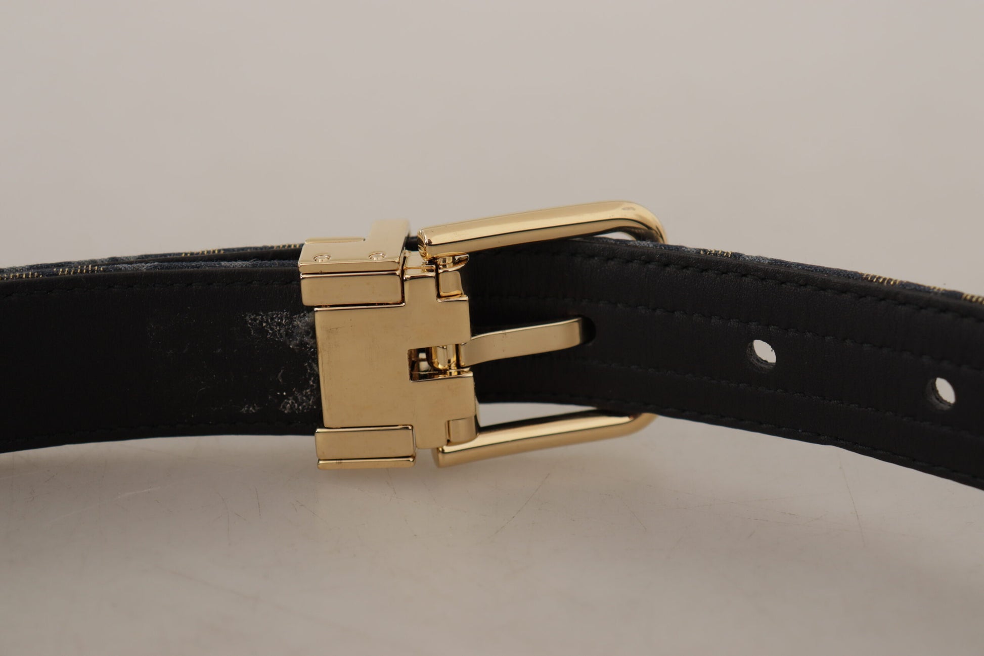 Dolce & Gabbana Navy Blue Jacquard Gold Tone Logo Metal Buckle Belt Dolce & Gabbana