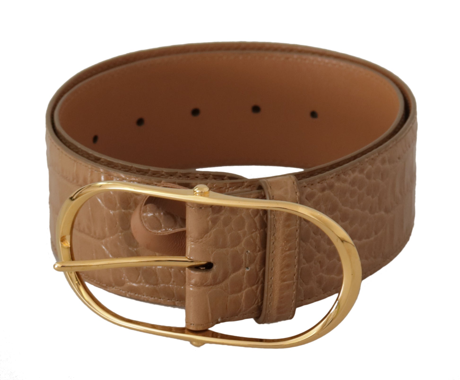 Dolce & Gabbana Brown Beige Leather Gold Metal Oval Buckle Belt Dolce & Gabbana